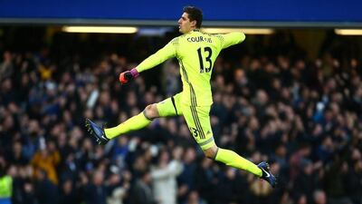 Chelsea goalkeeper Thibaut Courtois celebrates after Chelsea’s opening goal. Jordan Mansfield / Getty Images