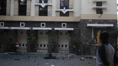 Debris is seen at a church where an explosion went off in Surabaya, East Java, Indonesia. Trisnadi / AP Photo