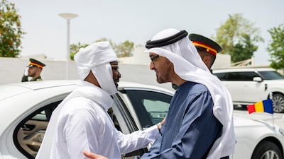 Sheikh Mohamed bids farewell to President Mahamat Deby after their meeting at Al Shati Palace