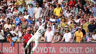 Australia's Nathan Lyon fails to catch out India's batsman Nitish Kumar Reddy, to prevent a six, during the Second Test at the Adelaide Oval. EPA