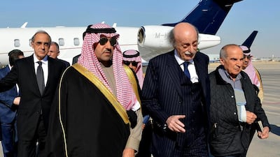 Walid Jumblatt, the political leader of Lebanon's minority Druse sect, second right, is received by the governor of the Riyadh province, Turki bin Abdullah Al Saud, second left, as he arrives in Riyadh to offer condolences for the late Saudi king. Saudi Press Agency/AP Photo