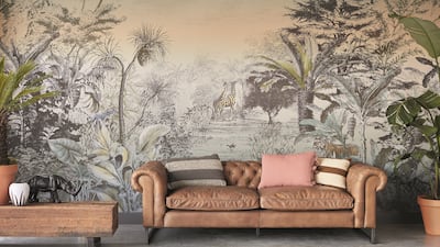 Travel-inspired and tropical wallpapers are trending at present. Seen here, a safari-inspired print from Dutch brand Eijffinger's Skin collection