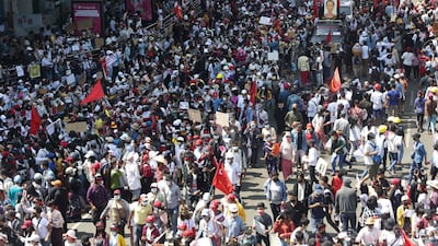 Protesters take part in a demonstration against the military coup in front of the Chinese embassy in Yangon. AFP