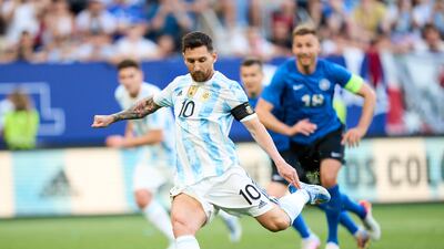Lionel Messi of Argentina opens the scoring from the penalty spot. Messi would finish the match with five goals to take his international goals tally to 86 in 162 games for Argentina. Getty Images