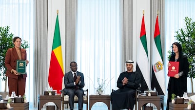 President Sheikh Mohamed and Benin's President Romuald Wadagni witnessed the signing of a Comprehensive Economic Partnership Agreement in Abu Dhabi. Ryan Carter / UAE Presidential Court