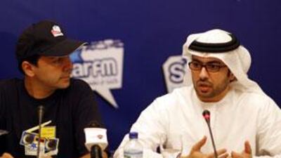 Karim Sarkis, left, and Abdulrahman Awadh al Harthi at the launch of Abu Dhabi Media Company's new radio station Star FM.