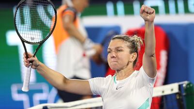 Simona Halep celebrates her quarter-final victory against Ons Jabeur at the Dubai Duty Free Tennis Championships. EPA