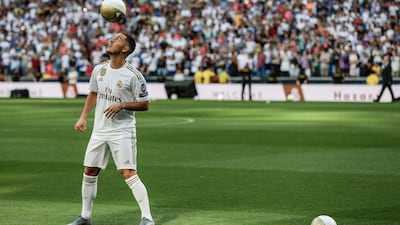 Eden Hazard controls a ball during his unveiling at Real Madrid. AP Photo