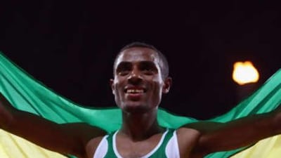 Kenenisa Bekele of Ethiopia celebrates winning the men's 10000m final.