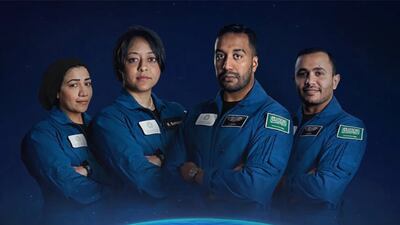 From left to right, Saudi astronauts Mariam Fardous, Rayyannah Barnawi, Ali AlQarni and Ali Alghamdi. Ms Fardous and Mr Al Qarni are launching to the ISS in May on a SpaceX rocket. Photo: Saudi Space Commission