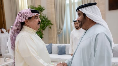 King Hamad of Bahrain offers condolences to Sheikh Saif bin Mohammed on the passing of Sheikh Tahnoon bin Mohammed, Ruler's Representative in Al Ain Region, at Al Mushrif Palace. Abdulla Al Neyadi / UAE Presidential Court