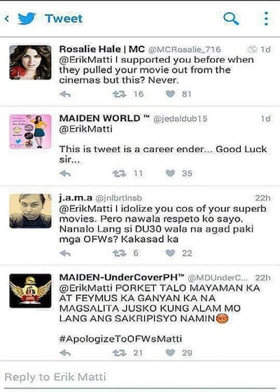 Screenshot of replies to Erik Matti's tweet