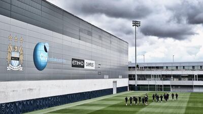 The players of Manchester City warm up during a training session at the City Football Academy on April 5, 2016 in Manchester, United Kingdom. Alex Livesey/Getty Images