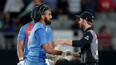 India’s Lokesh Rahul, left, with New Zealand’s captain Kane Williamson after the match. AFP