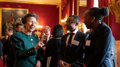 Princess Anne speaks to guests at a reception after presenting the Queen's Anniversary Prizes for higher and further education at St James's Palace in London, in 2022.