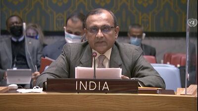 India's ambassador T S Tirumurti attends the meeting. AP