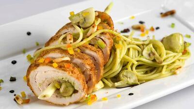 Chicken cordon bleu with whole wheat spaghetti al pesto, one of the meal options provided by Right Bite. Courtesy Right Bite