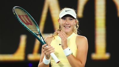 Mirra Andreeva celebrates her win over Ons Jabeur at the Australian Open. Getty Images