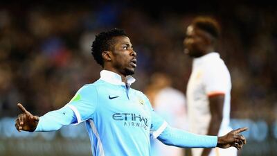 Kelechi Iheanacho of Manchester City celebrates after scoring a goal against AS Roma on Tuesday in the International Champions Cup pre-season friendly tournament. Robert Prezioso / Getty Images