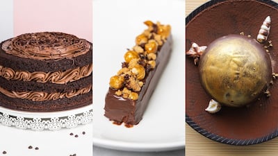 From left: The Choco Loco cake by SugarMoo, LPM’s Coffee Chocolate Bar and Quattro Ristorante’s Chocolate Saturn