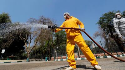 A zoo employee wearing full protective gear sprays disinfectant at the closed Giza Zoo on the outskirts of Cairo. Reuters