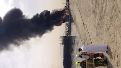Two boats on fire in Jedaf on Dubai Creek this morning at about 9am. One of the vessels is believed to be a cargo launch. Two explosions were heard by passers-by and thick plumes of smoke could be seen from the Business Bay Crossing nearby. Civil Defence ???