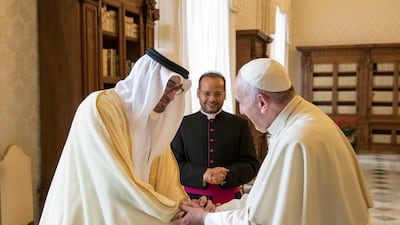 Sheikh Mohammed bin Zayed, Crown Prince of Abu Dhabi and Deputy Supreme Commander of the Armed Forces, met Pope Francis during a visit to the Vatican last year. Mohamed Al Hammadi / Crown Prince Court - Abu Dhabi