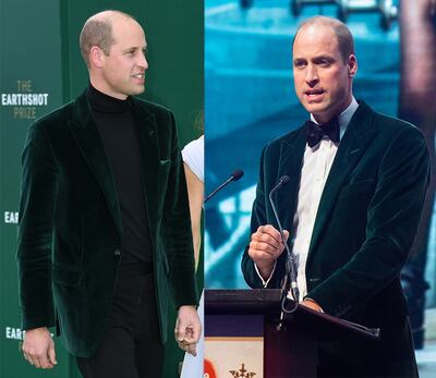 Left: Prince William arrives at the Earthshot Prize ceremony on October 17, 2021. Right: Prince William delivers a speech during the Centrepoint 50th anniversary at a gala on November 13, 2019. Getty Images