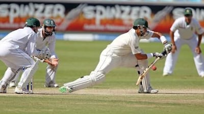 Pakistan’s Misbah-ul-Haq plays a forward defensive shot on the final day of the first Test against South Africa in Dubai.