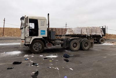 A damaged truck carrying humanitarian aid on the Israeli side of the border with Gaza. Getty images
