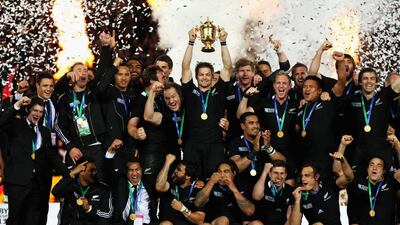 Richie McCaw, the captain of the All Blacks, lifts the Webb Ellis Cup following the defeat of France in 2011. Cameron Spencer / Getty Images