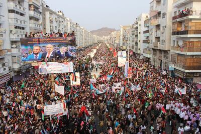 The rally in Aden drew thousands of people, including residents of neighbouring provinces in southern Yemen. AP Photo