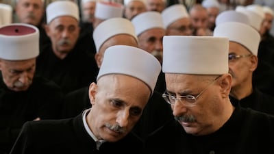 Druze clerics take part in a gathering of minority religious leaders in Beirut, Lebanon. AP