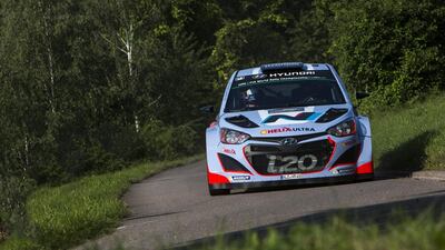 Thierry Neuville takes his Hyundai I20 for a shakedown cruise prior to today’s Rally Germany at Trier. EPA Photo
