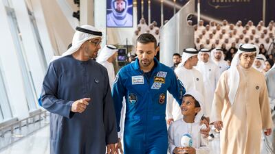 President Sheikh Mohamed speaks with Dr Al Neyadi at the reception, which comes after the astronaut spent six months at the International Space Station. Photo: UAE Presidential Court