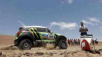 Mini driver Stephane Peterhansel competes in stage five of the Dakar Rally.