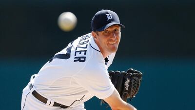 Max Scherzer of the Detroit Tigers warms up between the second and third innings while playing the Kansas City Royals at Comerica Park on Wednesday in Detroit, Michigan, USA. Gregory Shamus / Getty Images / AFP / April 2, 2014