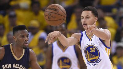 Dominance in the regular season by the Golden State Warriors, led by guard Stephen Curry, right, may not translate in the post-season, where the team with the hottest hand may triumph in the short run. John G Mabanglo / EPA