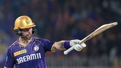 Kolkata Knight Riders' Phil Salt celebrates after reaching a half-century on his way to a total of 89 off 47 balls in the eight-wicket Indian Premier League victory against Lucknow Super Giants at Eden Gardens, Kolkata, on April 14, 2024. AFP