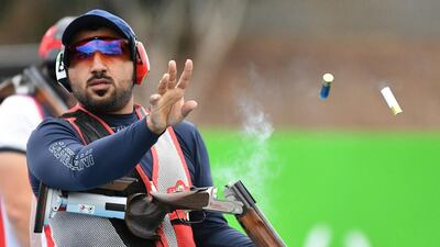 UAE shooter Khalead Al Kaabi competes in the men’s double trap qualification during the Rio 2016 Olympic Games at the Olympic Shooting Centre in Rio de Janeiro on August 10, 2016. / AFP / PASCAL GUYOT