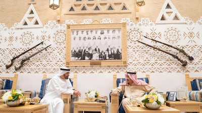 Sheikh Mohamed bin Zayed, Crown Prince of Abu Dhabi and Deputy Supreme Commander of the UAE Armed Forces, meets with King Salman Bin Abdulaziz, of Saudi Arabia and Custodian of the Two Holy Mosques, at Al Auja Palace in Riyadh. WAM