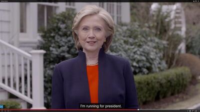 In this image taken from video posted to hillaryclinton.com on April 12, Hillary Rodham Clinton announces her campaign for president. AP