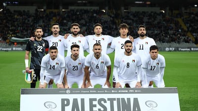 Palestine's team pose prior the friendly against Catalonia at the Lluis Companys Olympic Stadium in Barcelona. AFP