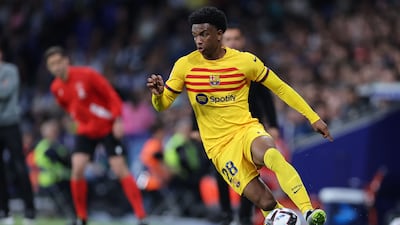 Barcelona defender Alejandro Balde controls the ball. AFP