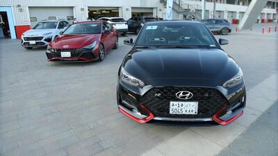 A Hyundai Elantra, Kona and Veloster outside Dubai Autodrome. All photos: Hyundai