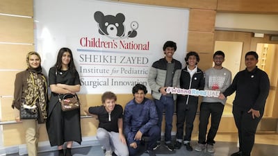 From left to right: Fatima Al Braiki, Meera Al Baloushi, Ahmed Zoghbor, Mohsin Al Braiki, Mohammed Al Nuaimi, Hammad Al Dhaheri, Ali Al Sabousi and Sultan Al Darmaki. These students, from American International School in Abu Dhabi, went to the conference in Baltimore, and visited the Sheikh Zayed Institute for Pediatric Surgical Innovation at the Children's National Health System in Washington, DC. Courtesy American International School in Abu Dhabi