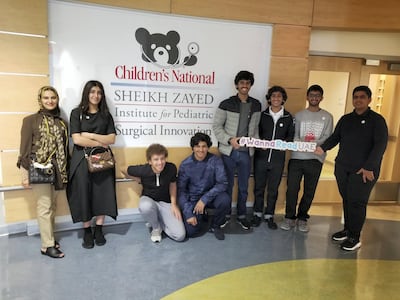 Students from American International School in Abu Dhabi, at the Sheikh Zayed Institute for Pediatric Surgical Innovation at the Children's National Health System in Washington, DC. Courtesy American International School in Abu Dhabi