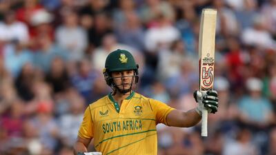 South Africa's Rilee Rossouw celebrates reaching his half century in Wales. Reuters