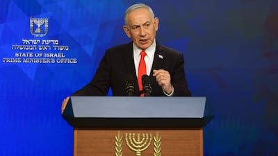 Israeli Prime Minister Benjamin Netanyahu holds a news conference in Jerusalem following the announcement of a US-Iran mediated preliminary framework to end regional military hostilities. EPA