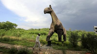 A man walks past a giant sculpture of a dinosaur displayed along the roadside near the Pakistan Museum of natural history in Islamabad. Faisal Mahmood / Reuters